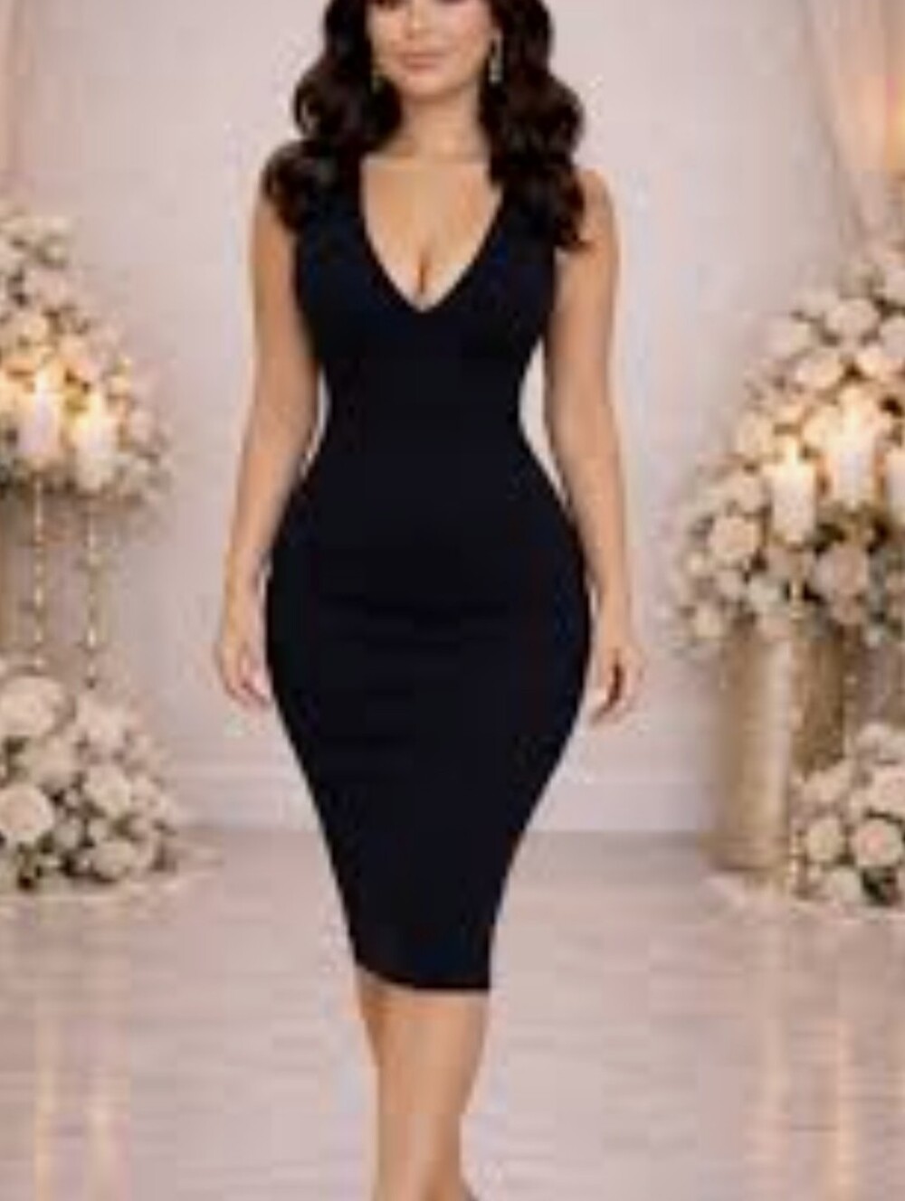 Lola Boutique Black Low Cut  V-Neck Plunge Bandage Bodycon Dress - Size Small